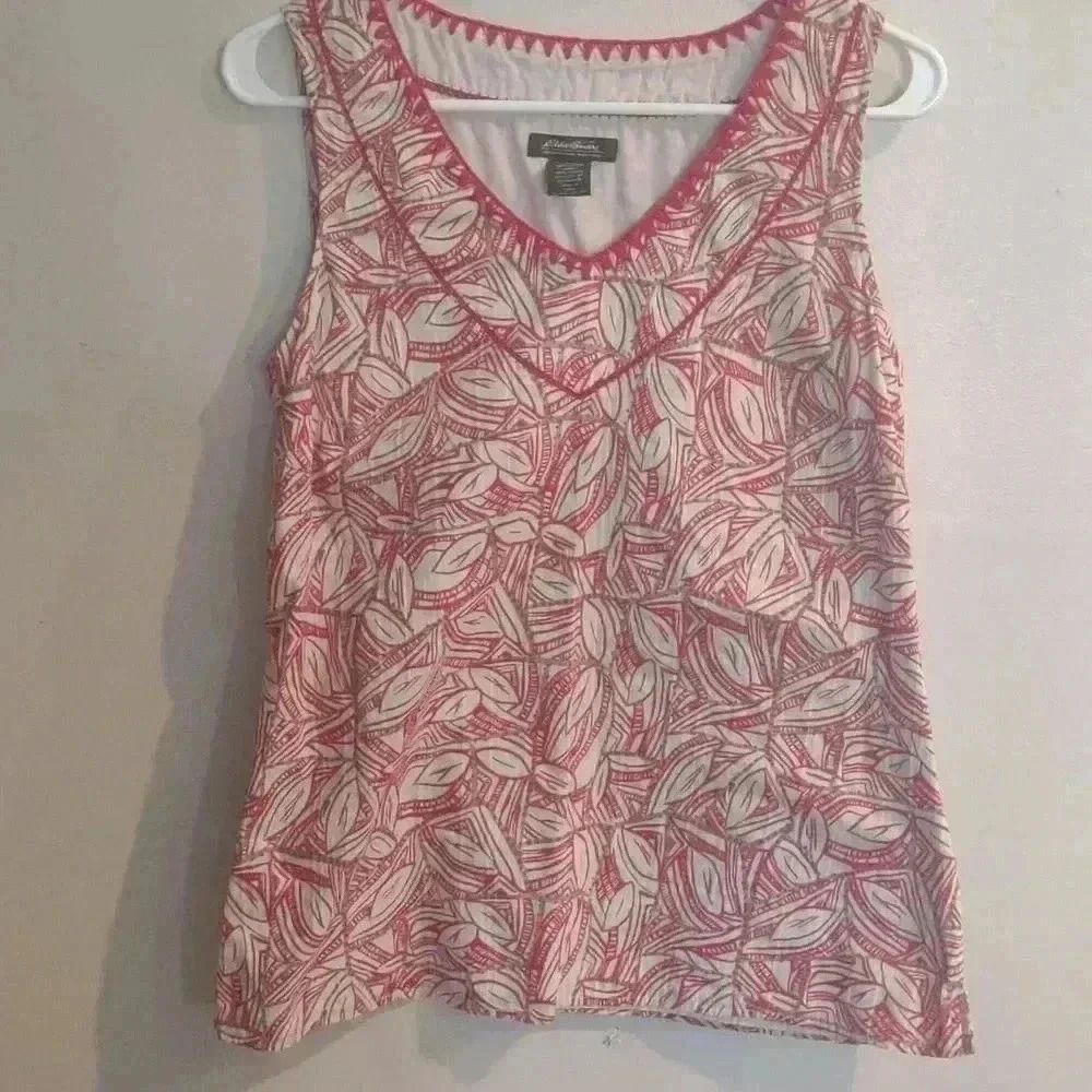 Eddie Bauer Women's Medium Red/Cream‎ Leaf Print  Lined Tank Top